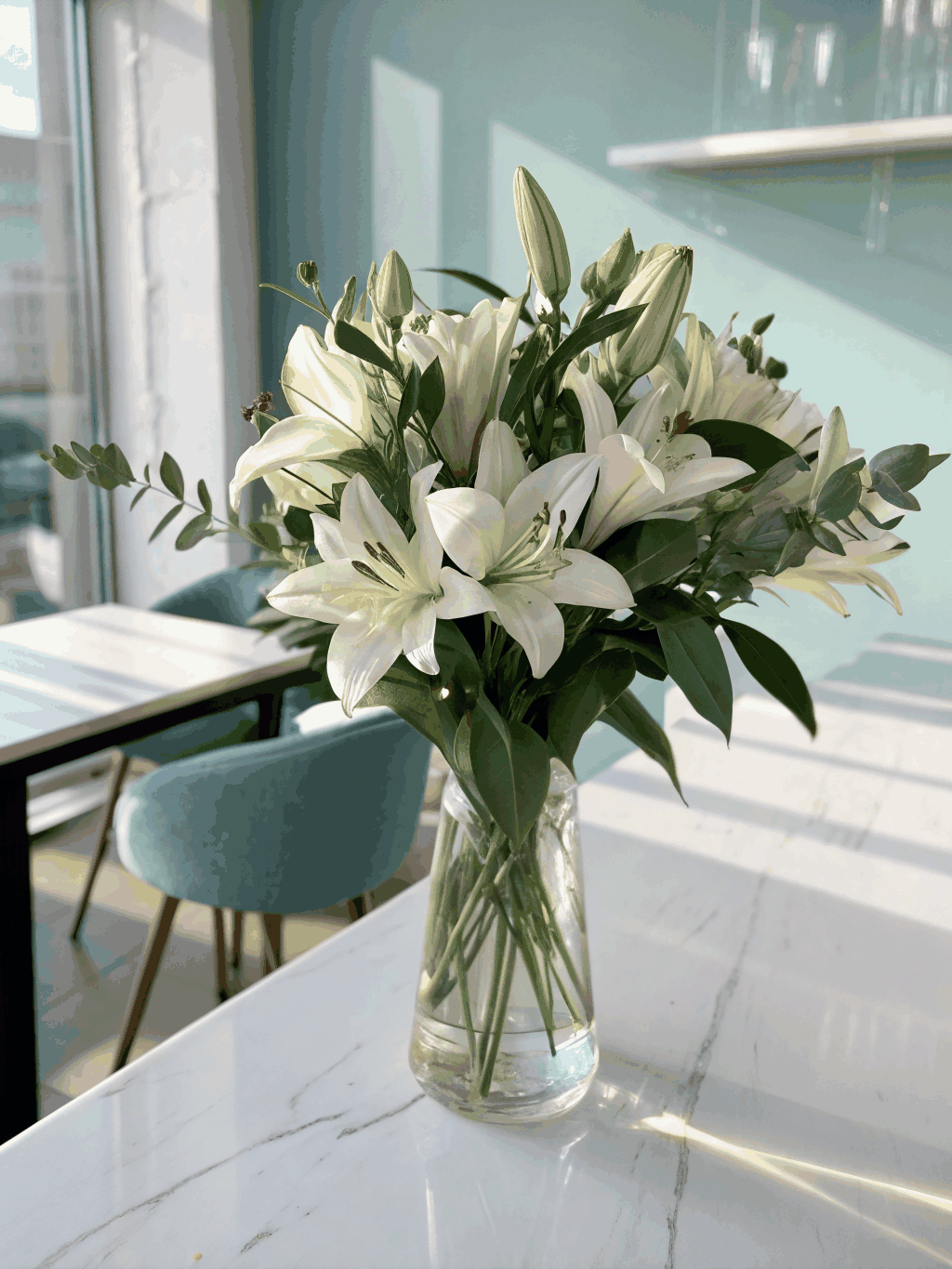 A peaceful, sunlit room with a single white flower on a wooden table, representing a sanctuary of order