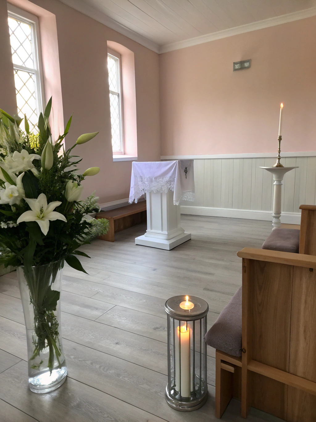 A serene and peaceful memorial setting with soft natural light